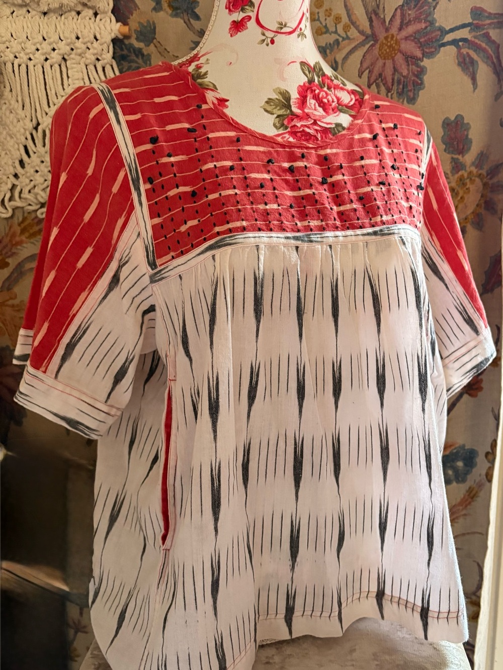Red & White Short Sleeve Boho Blouse with Black Ikat Stripe
